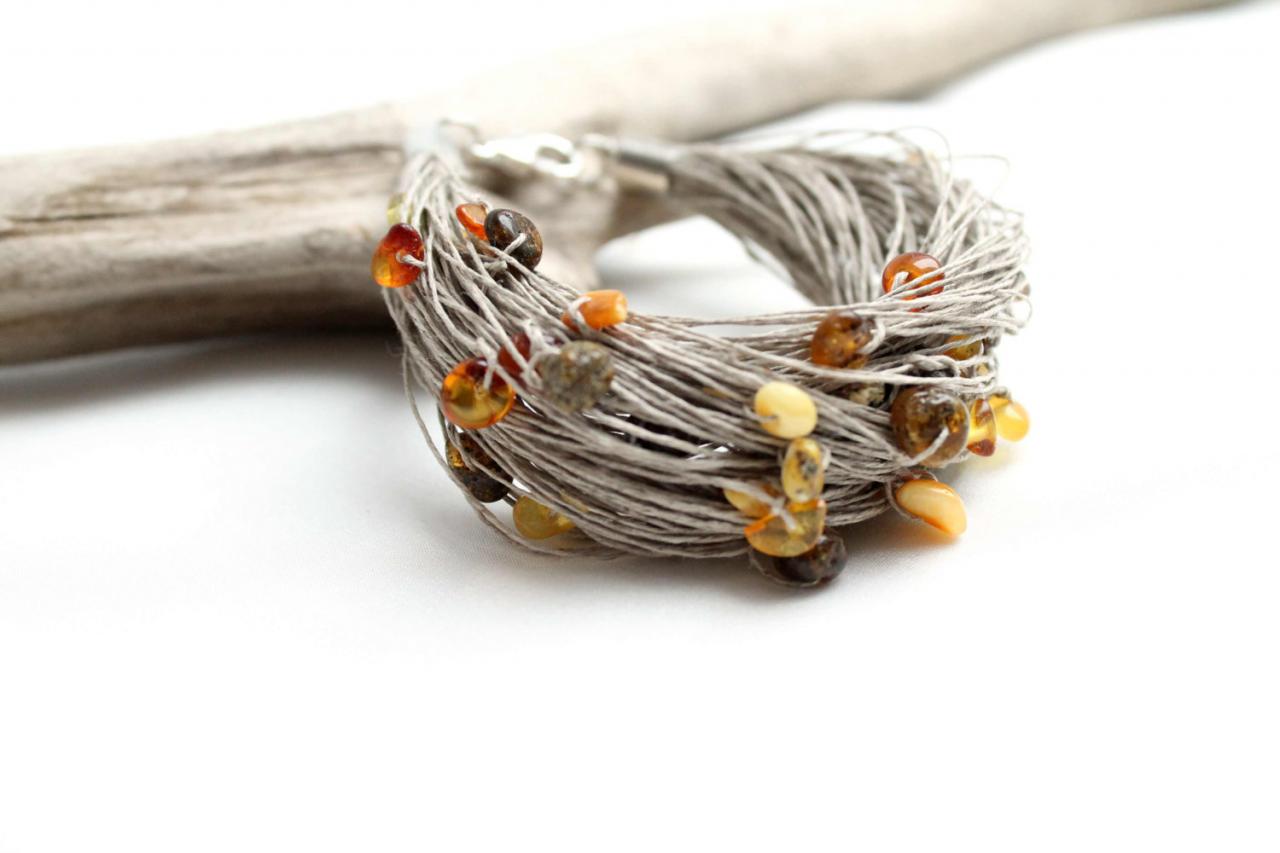 Baltic Amber Bracelet / Modern Jewelry / Multistrand Organic Linen / Eco Style / Orange Yellow Brown Grey / Gift For Her / Natural Fashion /